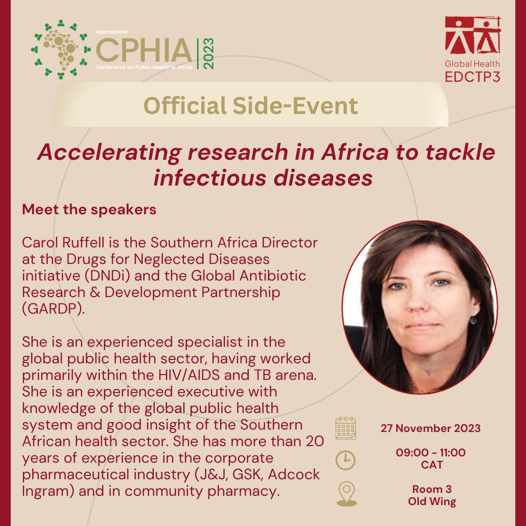 Carol Ruffell from @DNDi & @gardp_amr will join us at #CPHIA2023 to discuss the role of #collaboration and #partnerships in accelerating the development & access to health technologies 💉🏥 ✈️Can't join us in Lusaka? ➡️Then join online! shorturl.at/tNSU1