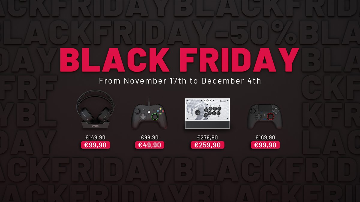 Nacon's tweet photo. 📣 BLACK FRIDAY 📣
Check out our website to see all of our discount including the Revolution X, RIG 800 PRO and more... 🥳🎮🎧 https://t.co/8L0et4SHod
#Nacon #RIGGaming #BlackFriday #DaijaArcadeStick #RUPC #RXPC #800PRO #RPC3 #RIG700 #ProCompact #MGXPRO https://t.co/ghgmlbx2tp
