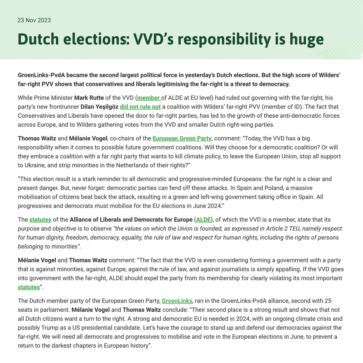 🇳🇱 GroenLinks-PvdA became the second largest political force in the elections in the #Netherlands. But #Wilders’ high score shows that conservatives and liberals legitimising the far-right is a threat to democracy. Read our co-chairs' press release 👉europeangreens.eu/news/dutch-ele…