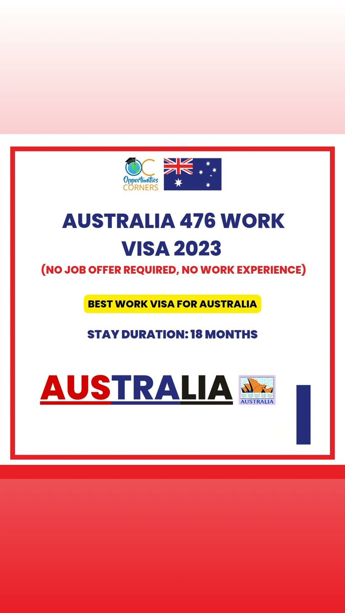 corner_oc's tweet photo. Best Opportunity: Australia 🇦🇺 476 Work Visa 2023 (No Job Offer Required)
For this Visa, No Previous Work experience as well as No Bank Statement required.
Visit: https://t.co/nv1Z87MJau
#AustraliaWorkVisa #WorkinAustralia #JobsinAustralia #OpportunitiesCorners https://t.co/luK3w8D8Te