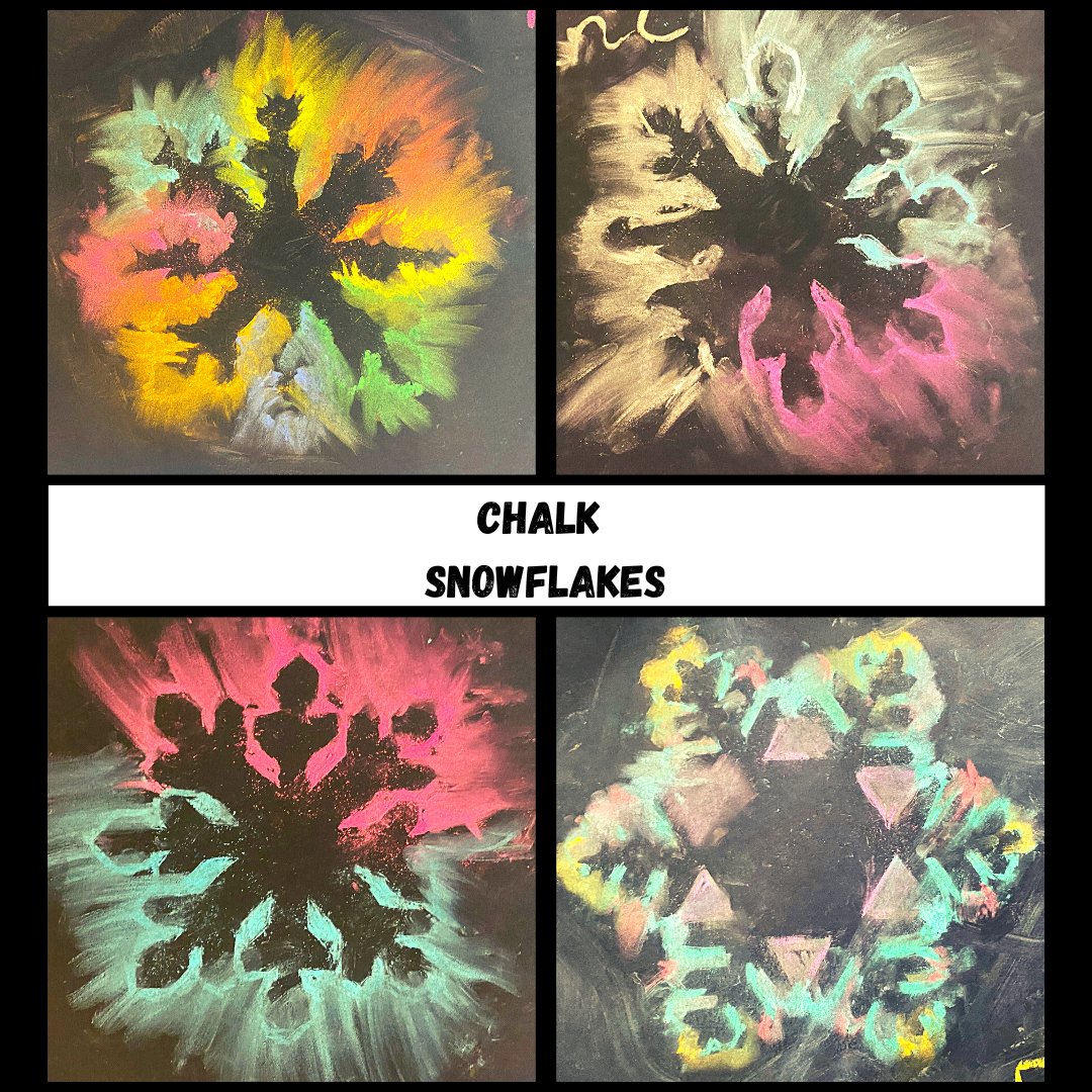Easy Art idea! 💡❄️

- Print &amp; cut out snowflake templates
- Blue tac onto black card.
- Trace using chalk. Heavy lines and lots of different colours works best.
- Use fingers to smudge the chalk outline outwards and blend together. Leave the snowflake stuck on for this part!