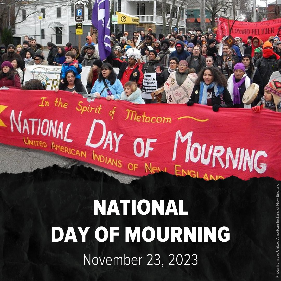 National Day of Mourning grieves the genocide of Indigenous people and the theft of Native land. It’s a day of remembrance and reflection, and a protest of racism and oppression against Indigenous people. Learn more and watch the event in Plymouth: uaine.org #NDOM23