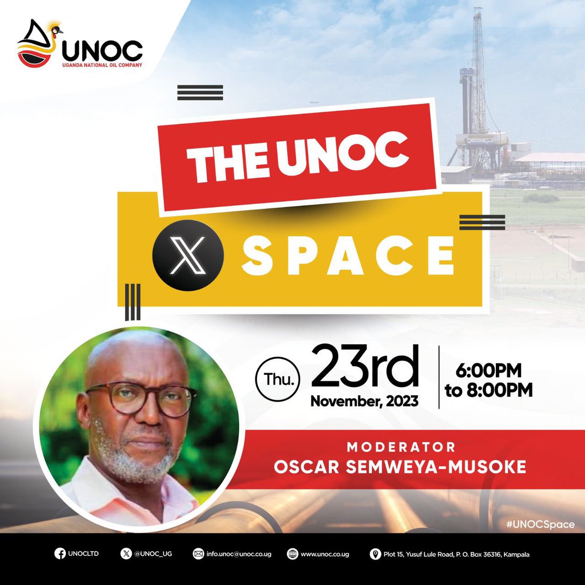 Mugibson's tweet photo. We are less than an hour away from the #UNOCSpace.
On it, an update regarding Uganda’s journey to realizing #FirstOil2025 is going to be shared as well as the Petroleum Supply amendment bill of 2023.
Do tune in to @UNOC_UG’s X account at 6PM to follow the discussion. https://t.co/6iA1w9hjlQ