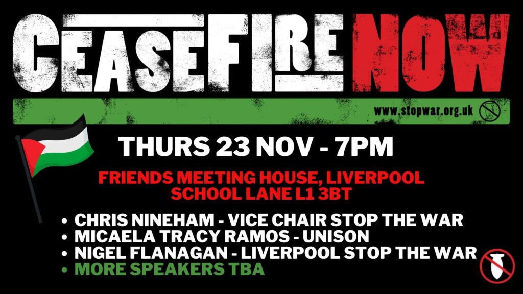 #CeasefireNow! – Merseyside StWC Meeting

Tonight - 7pm @ Friends House, School Ln, #Liverpool, L1 3BT

Info 👇

stopwar.org.uk/events/ceasefi…