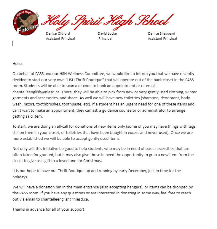 I am so excited to launch a passion project of mine <a href="/HolySpiritHS/">Holy Spirit High</a>. Parents &amp; students should have received the below letter outlining the "HSH Thrift Boutique" initiative and the all-call for donations. Have a read to see how you can take part in/avail of this meaningful project!
