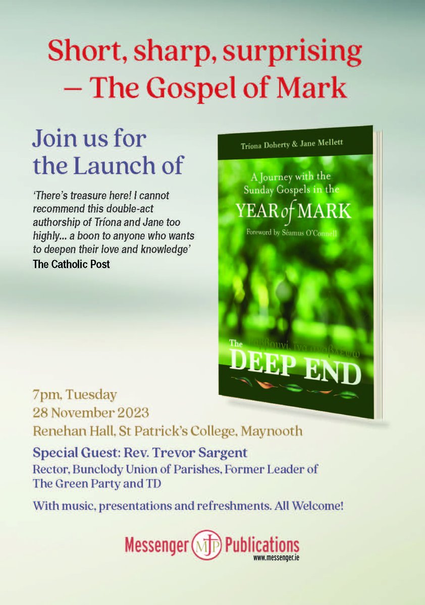 Messenger Pubs (@mgrpublications) on Twitter photo Join <a href="/Janemellett/">Jane Mellett</a> & <a href="/TrionaD/">Triona Doherty</a> next Tuesday 28 Nov in <a href="/StPatsMaynooth/">St Patrick's Pontifical University</a> to celebrate publication of the 3rd in their series of Gospel reflections. 'The Deep End:Mark' will be launched by special guest @RevTrev10. With music & refreshments, it will be a great evening. ALL WELCOME! Join <a href="/Janemellett/">Jane Mellett</a> & <a href="/TrionaD/">Triona Doherty</a> next Tuesday 28 Nov in <a href="/StPatsMaynooth/">St Patrick's Pontifical University</a> to celebrate publication of the 3rd in their series of Gospel reflections. 'The Deep End:Mark' will be launched by special guest @RevTrev10. With music & refreshments, it will be a great evening. ALL WELCOME!