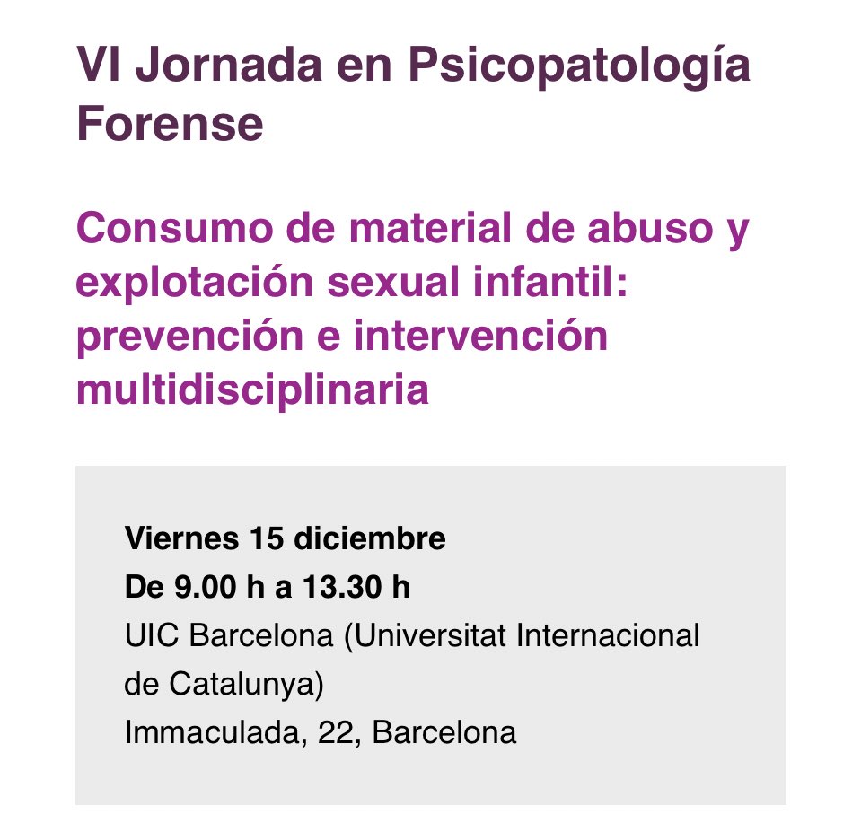 Ya están abiertas las inscripciones para la VI Jornada en Psicopatología Forense de <a href="/UICbarcelona/">UICBarcelona</a> 

Podéis inscribiros gratuitamente aquí 👇

docs.google.com/forms/d/e/1FAI…