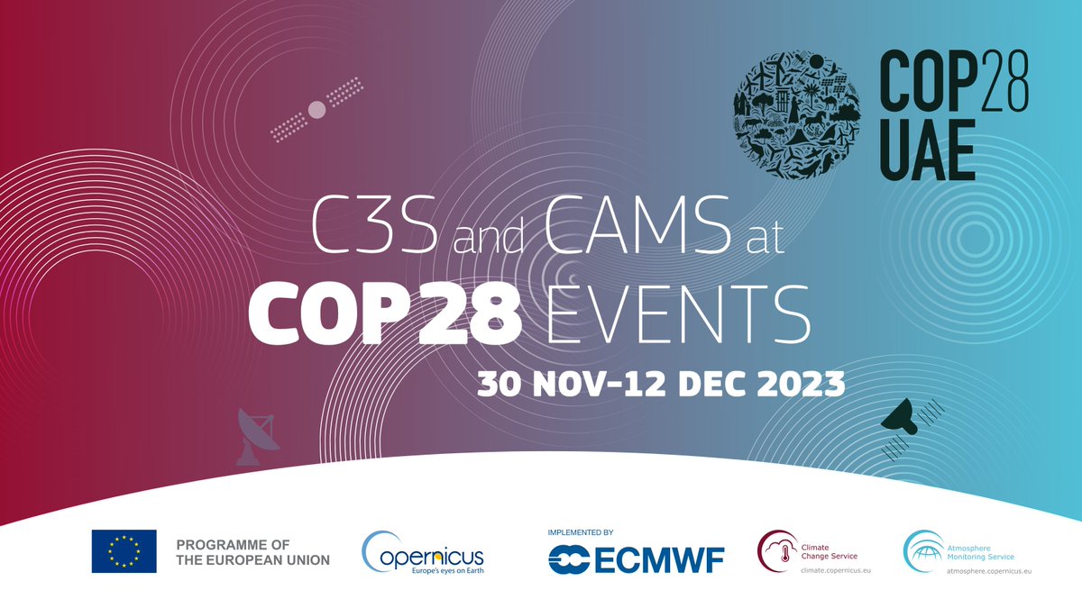 Only 7 days until the #COP28UAE 🌍🌱 Join #C3S & CAMS who will participate in sessions with partners such as @WMO, @IPCC_CH, @defis_eu, @ESA, @UNFCCC, @IRENA & more. Check our regularly updated pages👇 ▶️C3S: bit.ly/3MRf9lx ▶️CAMS: bit.ly/47J1yVx #COP28