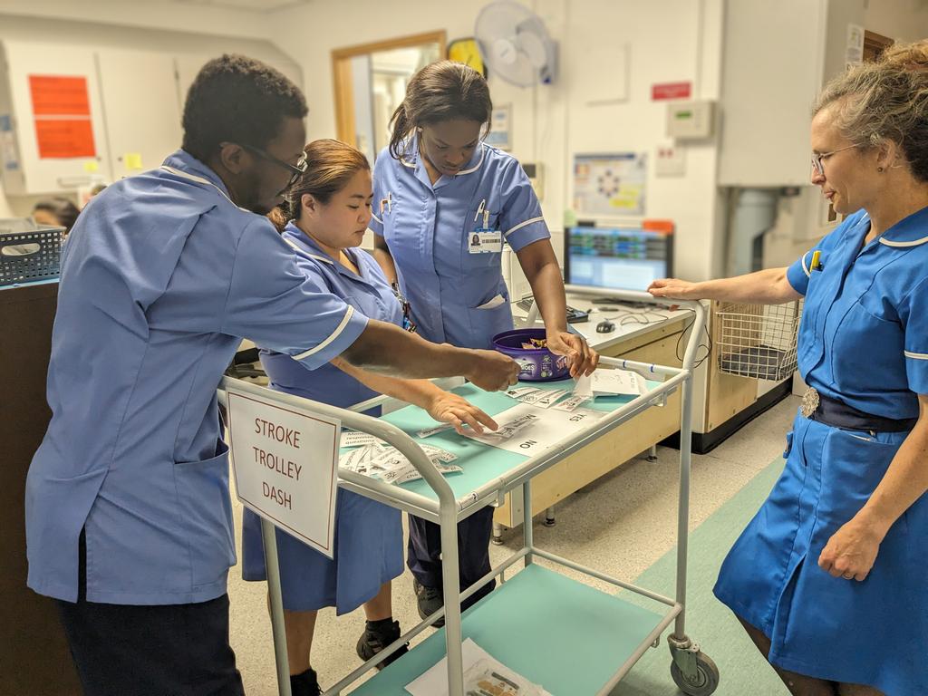 On the wards with our Patient Safety Nurse Anna, doing Trolley Dashes for Stroke recognition and escalation. Raising awareness for all staff - healthcare support workers, nurses, associate practitioners, housekeepers and doctors joined in the discussions, thanks all!