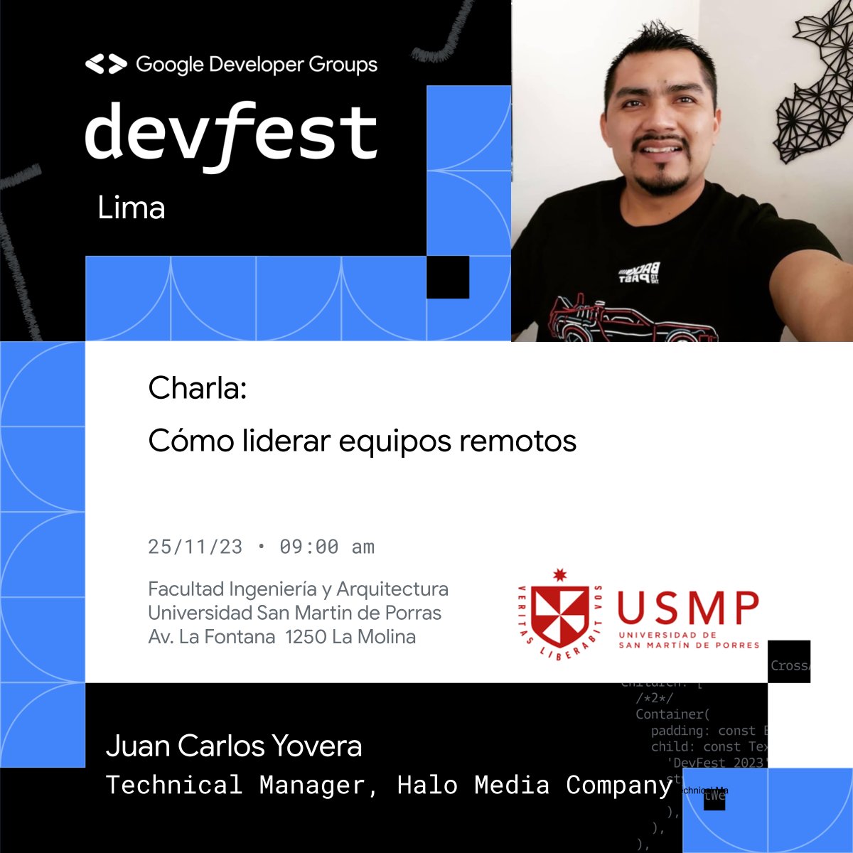 gdglima's tweet photo. 📢 ¡Conoce a nuestros #Expositores !
🧑💻Con nosotros estará Juan Carlos Yovera
Acompáñanos en su charla sobre "Como liderar equipos remotos"
📍: FIA USMP
📅: 25/11 09:00
📢 Regístrate GRATIS aquí: https://t.co/9GieAaeMnk
#devfest #devfestlima #devfestlima23 https://t.co/2o0WuVCK12