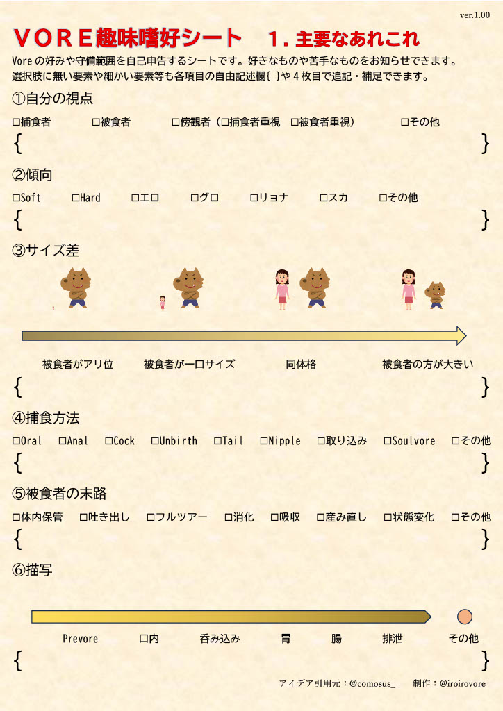 iroirovore's tweet photo. vore自己診断シートの原本が入手できないという話を聞いたので、参考にして似たようなものを作りました。
VORE趣味嗜好シートです。
こういうの初めて作ったので粗削りで使いづらい部分もあると思いますが、もしよかったら使って下さい。
#vore自己診断シート
#VORE趣味嗜好シート https://t.co/XvSMURzn7b
