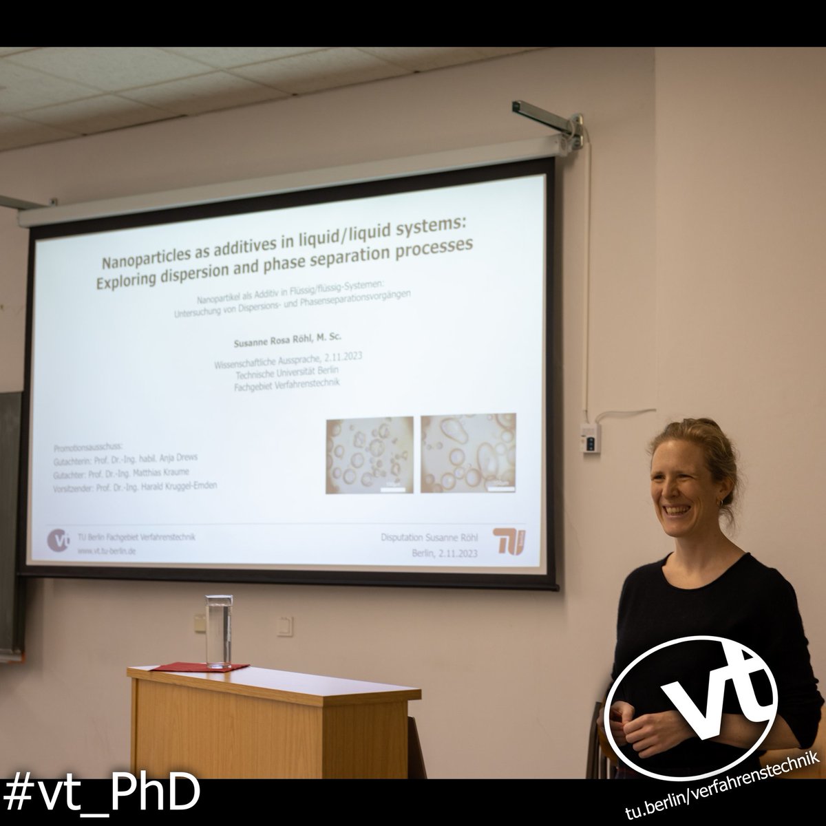 tub_vt's tweet photo. We congratulate our former colleague Susanne Röhl for successfully defending her PhD thesis with the topic "Nanoparticles as additives in liquid/liquid systems: Exploring dispersion and phase separation processes".
#vt_phd #dontjustcelebrate https://t.co/rniq5Fr3ih