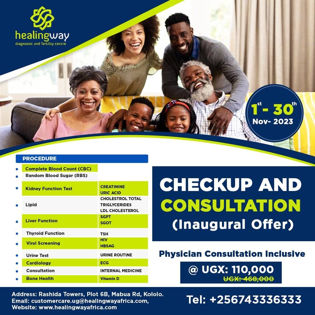 Don't miss this (Inaugural offer) at HealingWay Diagnostic and fertility centre.
Check up and consultation at ughs. 110,000 which already started from 1st-30th Nov 2023 at Rashida Towers plot 68, mabua road, kololo
For more info call: +256743336333
Check below for procedures;