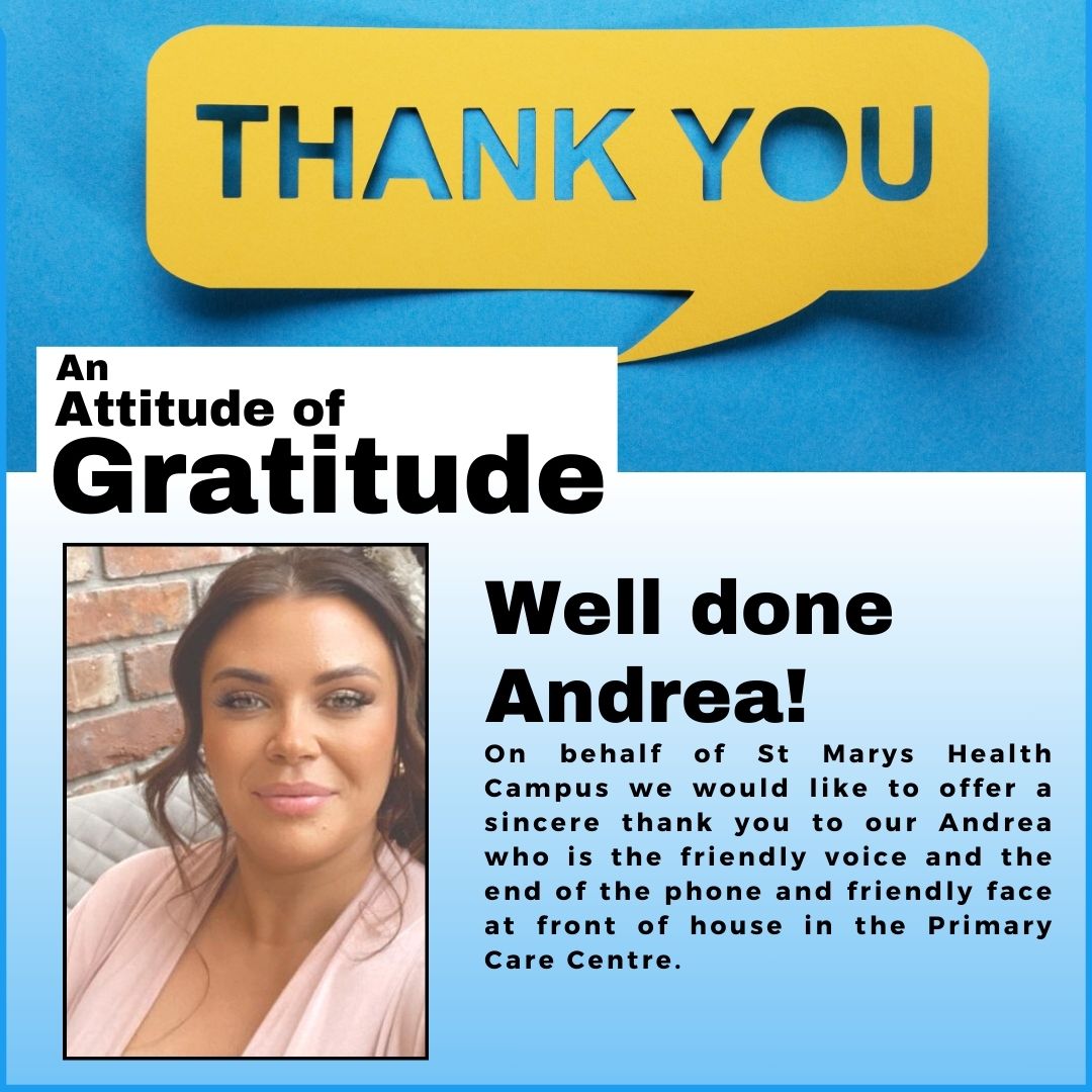 Andrea Cronin, Clerical Officer St Mary's Primary Care Centre has been a champion leader for health &amp; wellbeing events, Andrea works at main reception &amp; is always patient focused &amp; goes above &amp; beyond for all. Thank you Andrea 🩷 

#AttitudeOfGratitude 
#AOG