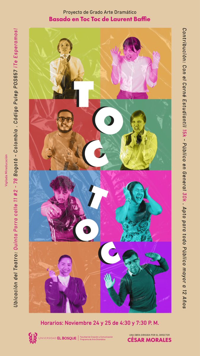 🎭 TOC TOC 🎭

🗓️ 24 y 25 de NOVIEMBRE

⏰ 4:30PM y 7:30PM

🎫 BOLETERÍA
💲 GENERAL 30.000 MIL
💲 ESTUDIANTE 15.000 MIL