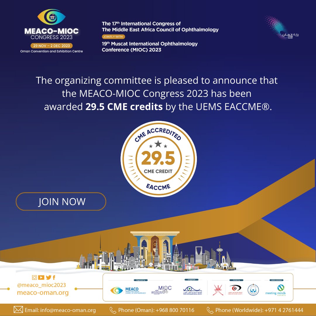 Join this exceptional congress and seize the chance to attain 29.5 CME credits! #optometry #ophthalmology #ophthalmologist #meaco_mioc_2023 #Meaco #healthcare #eyedoctor #middleeast #oman #experienceoman