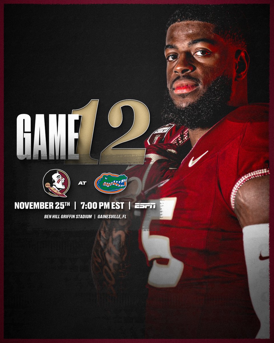 FSUFootball's tweet photo. The CLIMB continues as our regular season wraps up on the road

🗓️: Saturday
⌚️: 7 p.m. ET
📍: Gainesville
🏟️: Ben Hill Griffin
📺: ESPN
📻: https://t.co/z9h0OLWuNS

#NoleFamily | #KeepCLIMBing https://t.co/5vKcMBdVZ7