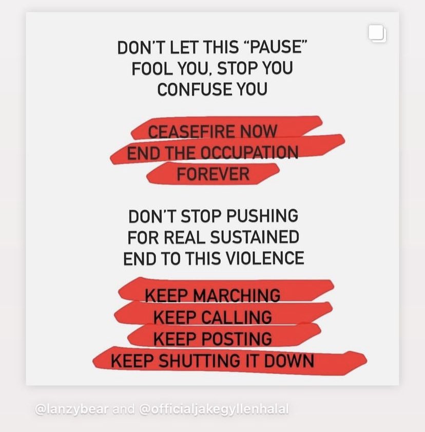 ahmedhathoutt's tweet photo. Please remember that a pause is not a ceasefire. And that a ceasefire is not an end to the atrocities Palestinians face from the illegal israeli occupation. Do not stop talking about Palestine. https://t.co/KlHC77IN63