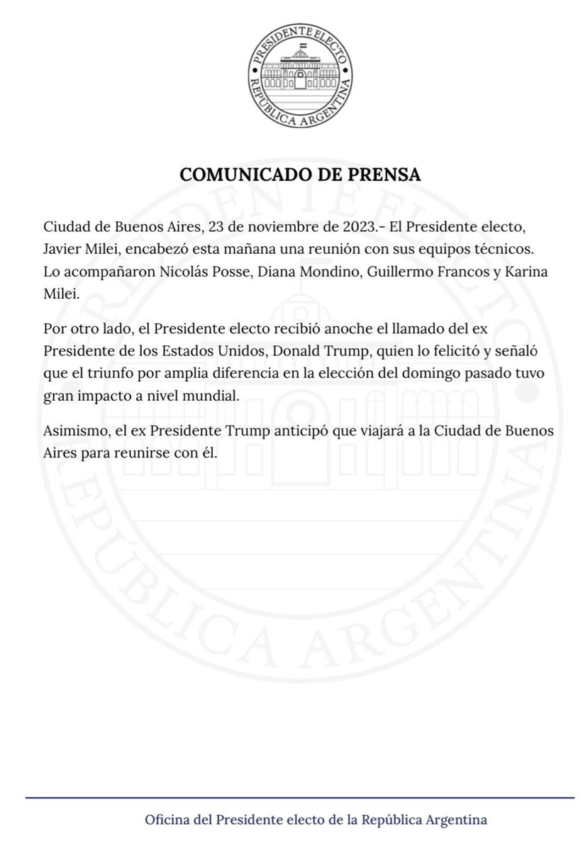 🚨| ÚLTIMA HORA: La oficina de la Presidencia de Javier Milei CONFIRMA la visita del Presidente Donald Trump a Argentina, para reunirse con Milei. 🇺🇸🇦🇷 ¡Dale ❤️ y RT si apoyas esta reunión histórica!