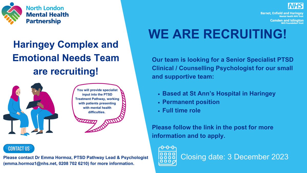 We are recruiting to our fantastic Haringey Complex and Emotional Needs team based at St Ann’s Hospital. Please contact us to find out more or follow this link to apply: jobs.beh-mht.nhs.uk/#!/job/v5824664