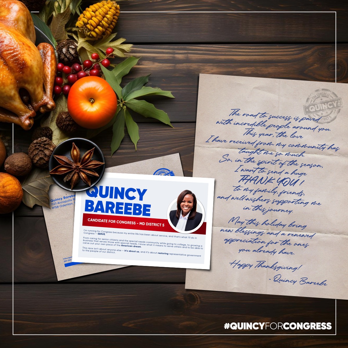 With a BIG grateful heart, thank you to all my friends, family, my team, volunteers and everyone who supports me in this journey as I run for Congress Maryland District 5.
#Thanksgiving  #annearundelcounty #turkeyday #quincyforcongress #ThanksgivingDay2023 #grateful