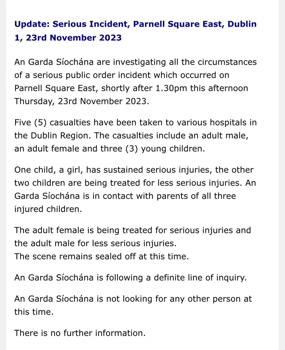 <a href="/gardainfo/">Garda Info</a> statement. Five casualties. One child seriously injured.