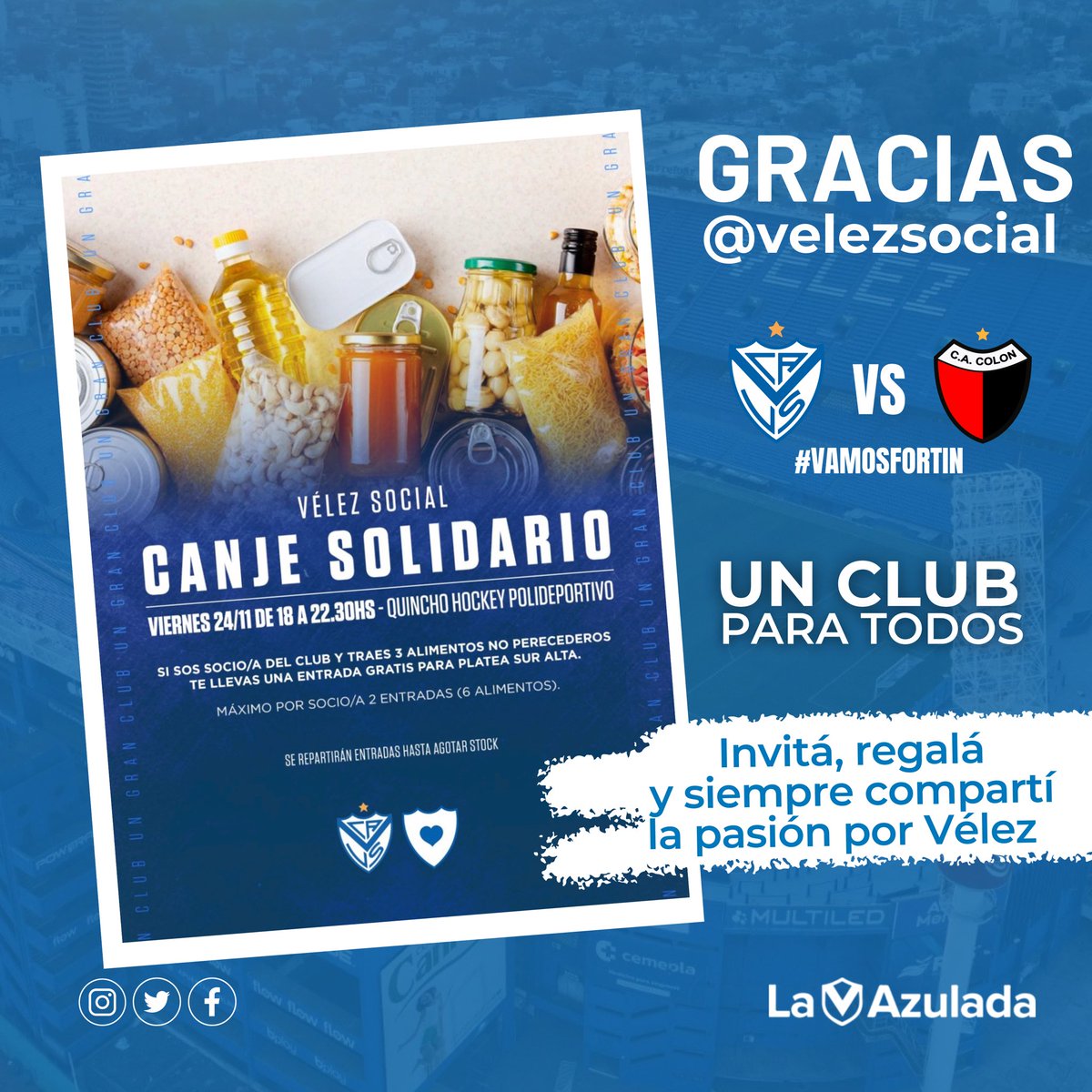 Buenas! 🙌 

Queremos compartirles esta iniciativa de <a href="/VelezSocial/">Vélez Social</a> para que la gran mayoría pueda venir a alentar al fortín este Sábado, y a su vez poder ayudar.
↩️ Trayendo 3 alimentos no perecederos, llévate una entrada para la platea Sur Alta para compartir la pasión de venir