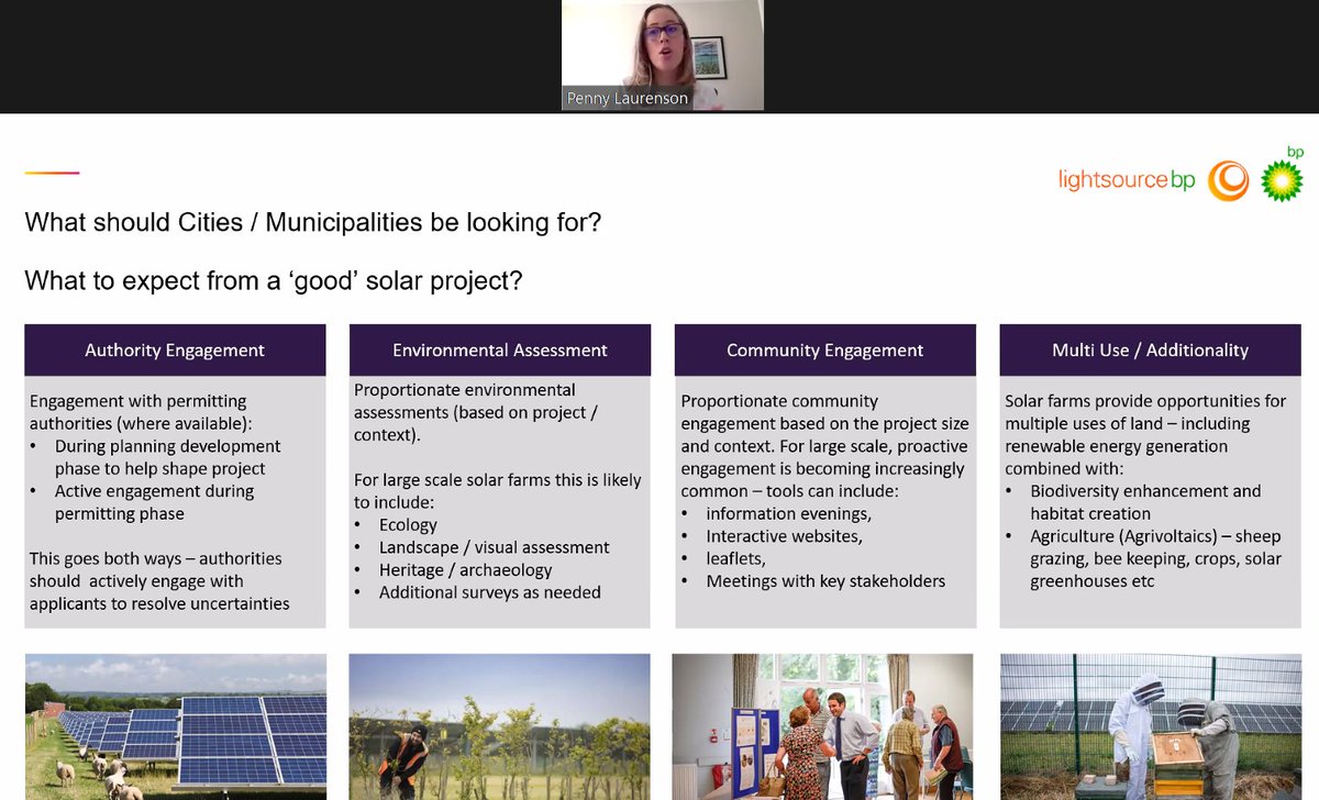 SolarPowerEU's tweet photo. During our #SolarCities and #SolarRegions webinar 🌆, Penny Laurenson from @Lightsourcebp, outlined what should be included in a good #solar☀️ project:
➡️Authority & community engagement
➡️Environmental🌲 assessments
➡️Multi-use solar https://t.co/RgV19G3Y9M