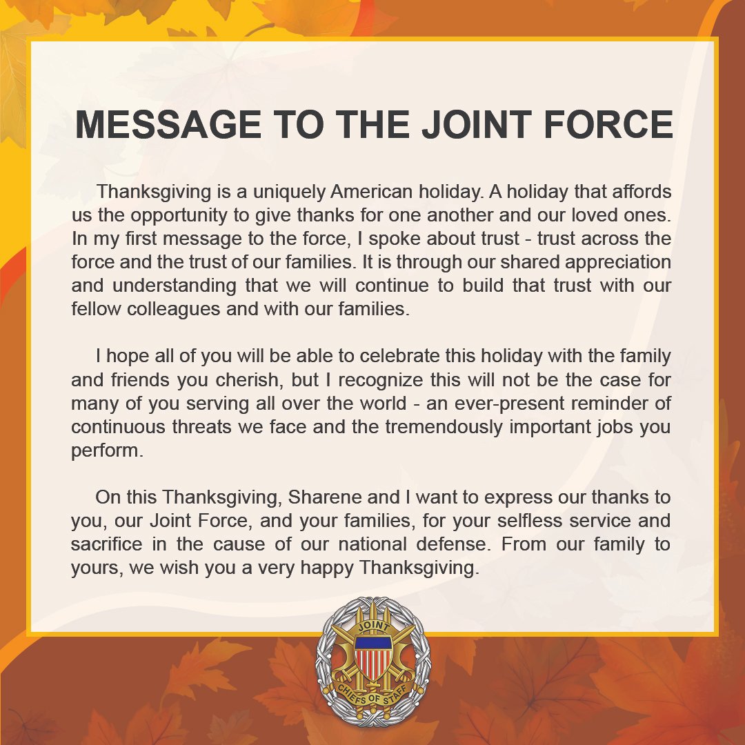 GenCQBrownJr's tweet photo. Happy Thanksgiving to all our Soldiers, Sailors, Airmen, Marines, Guardians, Coast Guardsmen, civilians, &amp; their families! I’m grateful for each of you, especially those deployed globally. Your service &amp; sacrifice on this holiday &amp; every day is important to our national security. https://t.co/bEuyit6Y9N
