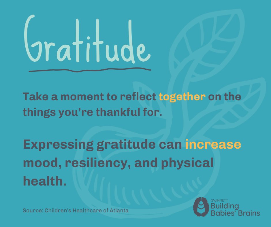 Expressing gratitude is a great way to build your baby's brain. Listing things to be thankful for can have a positive impact on your child mentally and physically! To learn more, visit tinyurl.com/4j2nnzwd #ChildDevelopment #SocialEmotionalLearning #BuildingBabiesBrains