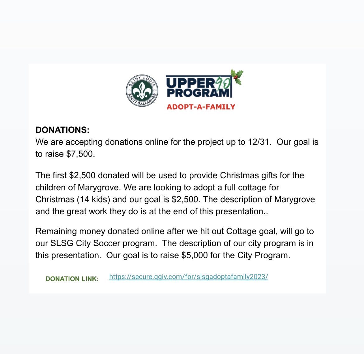 SLSGtraining's tweet photo. TURKEY BOWL - PRESENTED BY UMB BANK - SATURDAY, 11/25.
A 6v6 tournament and a celebration event of our Upper 90 Community Outreach.
ADOPT A FAMILY: We are raising funds to buy holiday gifts for Marygrove Children's Home.
Donation link:
https://t.co/IEbEUCTIlW
#SLSGupper90 https://t.co/8TtaMJZWas