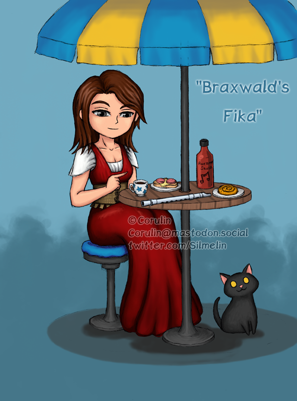 Silmelin's tweet photo. One more of the LOTRO drawings I made when I was in too much pain to play LOTRO :)
Braxwald and Katta having a Swedish fika, with falukorv-sandwich and kanelbulle and a bottle of awesomesauce. From 2022

#lotro @lotro #lotr https://t.co/zxItuNPbs2