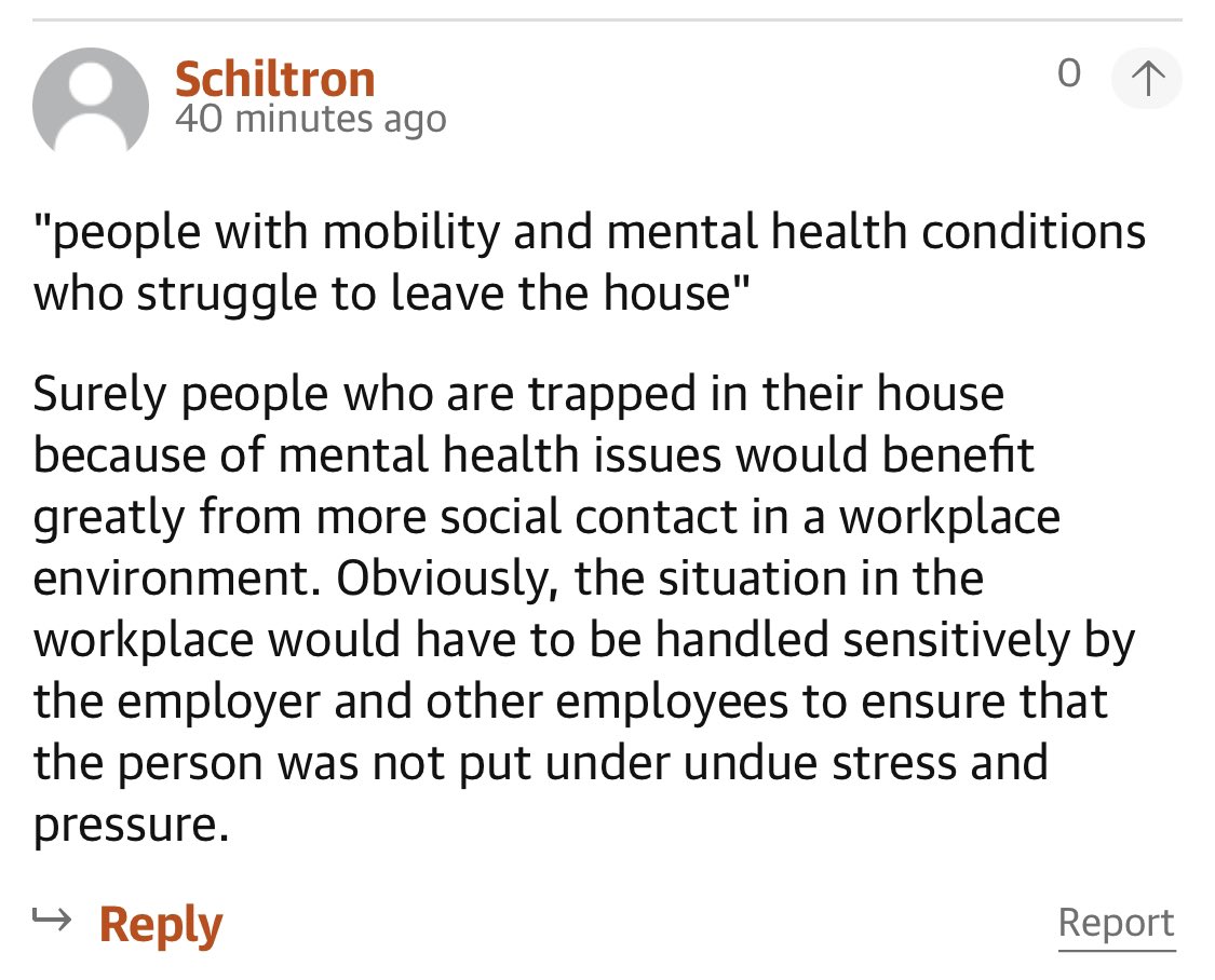 I always wonder if this sort of thinking is naivety or wilful ignorance. As if employers are lining up to hire people whose mental health condition is so severe they can’t leave the house or have social contact.