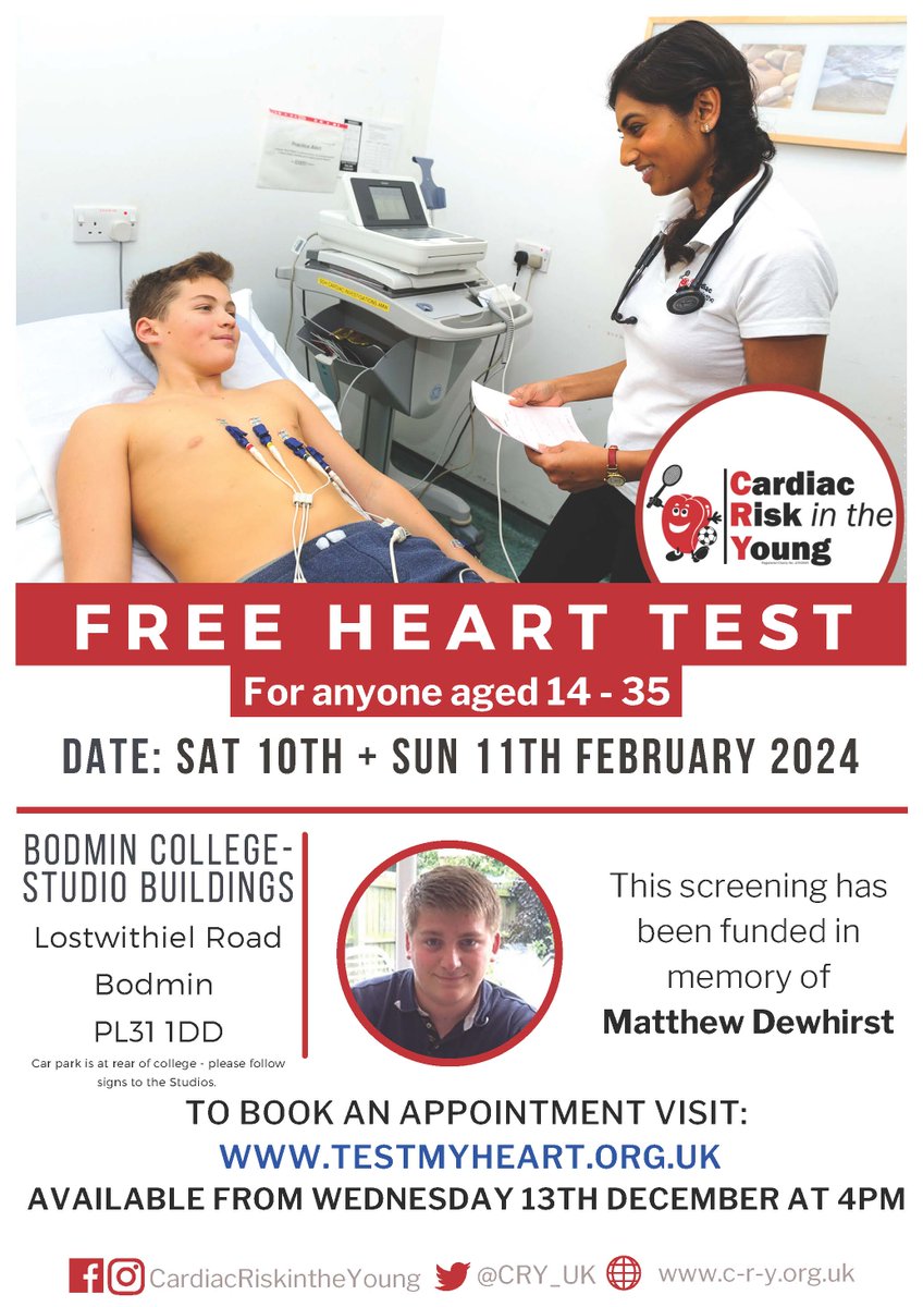 dewysue's tweet photo. Our next heart screening with @CRY_UK at @BodminCollege goes live for booking on December 13th at 4pm.
Register your interest in being screened, complete the form here:
https://t.co/ua5jyM0yuF
#CRYforMatthew #Bodmin #Wadebridge #Lanivet #Cornwall https://t.co/8uI3xrI1xz