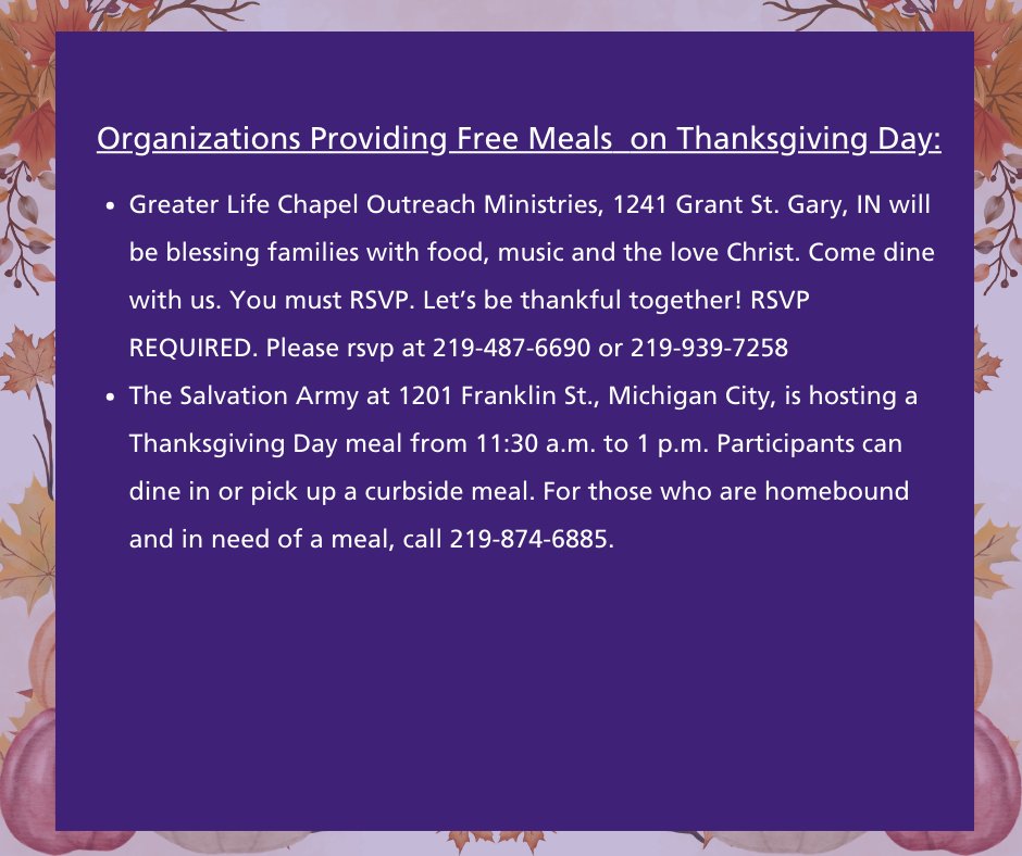 risenwi's tweet photo. Wishing everyone a Happy &amp; Safe Thanksgiving! 🍂

We are thankful for the opportunity to educate members of our community while making meaningful connections. 💟☑️

Here are a few local organizations that will be providing FREE meals on Thanksgiving Day! Please call in advance. https://t.co/y35XNTLC8I