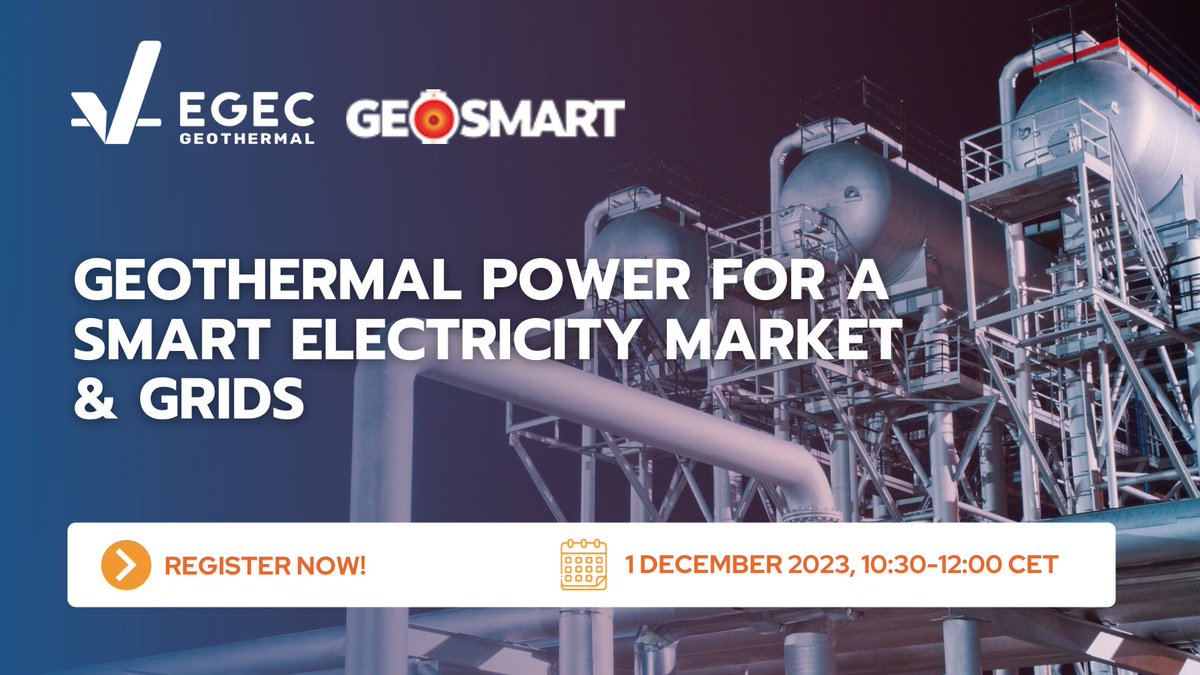 EGEC (@egec_geothermal) on Twitter photo 😁Register now for the #webinar on "Geothermal power for a smart electricity market & grids"!
Discover <a href="/GeosmartProject/">GeoSmart Project</a>'s initial findings and delve into discussions on Electricity Market for #geothermal.
Mark your calendar: 1 December!
✍ More info: shorturl.at/binP4 😁Register now for the #webinar on "Geothermal power for a smart electricity market & grids"!
Discover <a href="/GeosmartProject/">GeoSmart Project</a>'s initial findings and delve into discussions on Electricity Market for #geothermal.
Mark your calendar: 1 December!
✍ More info: shorturl.at/binP4