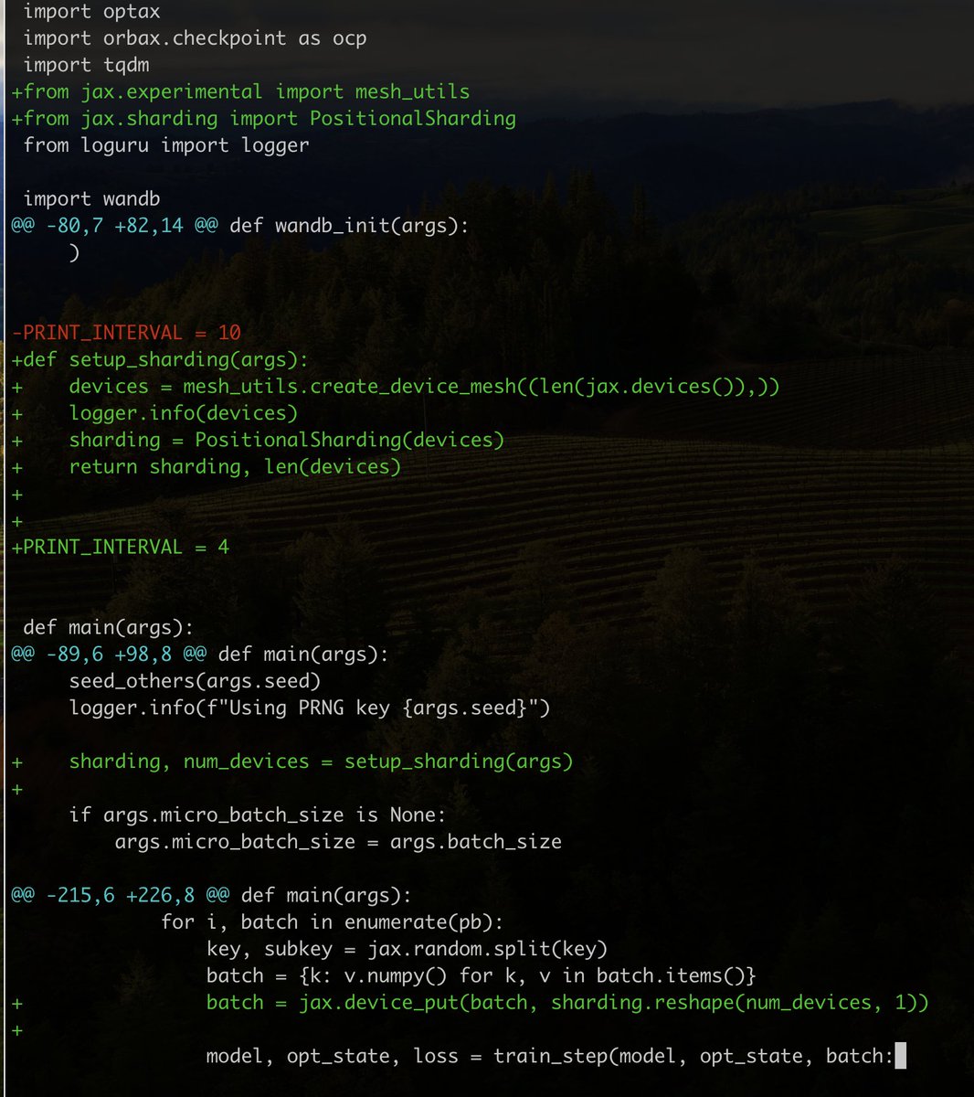 alexfmckinney's tweet image. I was going to write a blog on parallel JAX until they updated the API a lot. Now it is so shockingly easy to do that it might not be worth it 😅
Below is the diff between my single GPU training script and one that I just tested on 8xTPUs in data parallel. 🔥