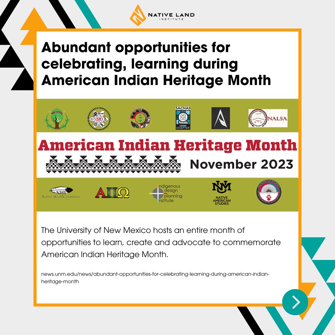 nativelandinst's tweet photo. Celebrate Native American Heritage Month in Albuquerque! 🎨 Art, 📚 Talks, 🎉 Culture, 🍽️ Cuisine &amp; more. Join us for a month of learning and celebration. 

Stay tuned for event details: https://t.co/vdgSTAC4OQ
#NativeAmericanHeritageMonth #nmpol #nmtrue https://t.co/PzKCWbWaPo
