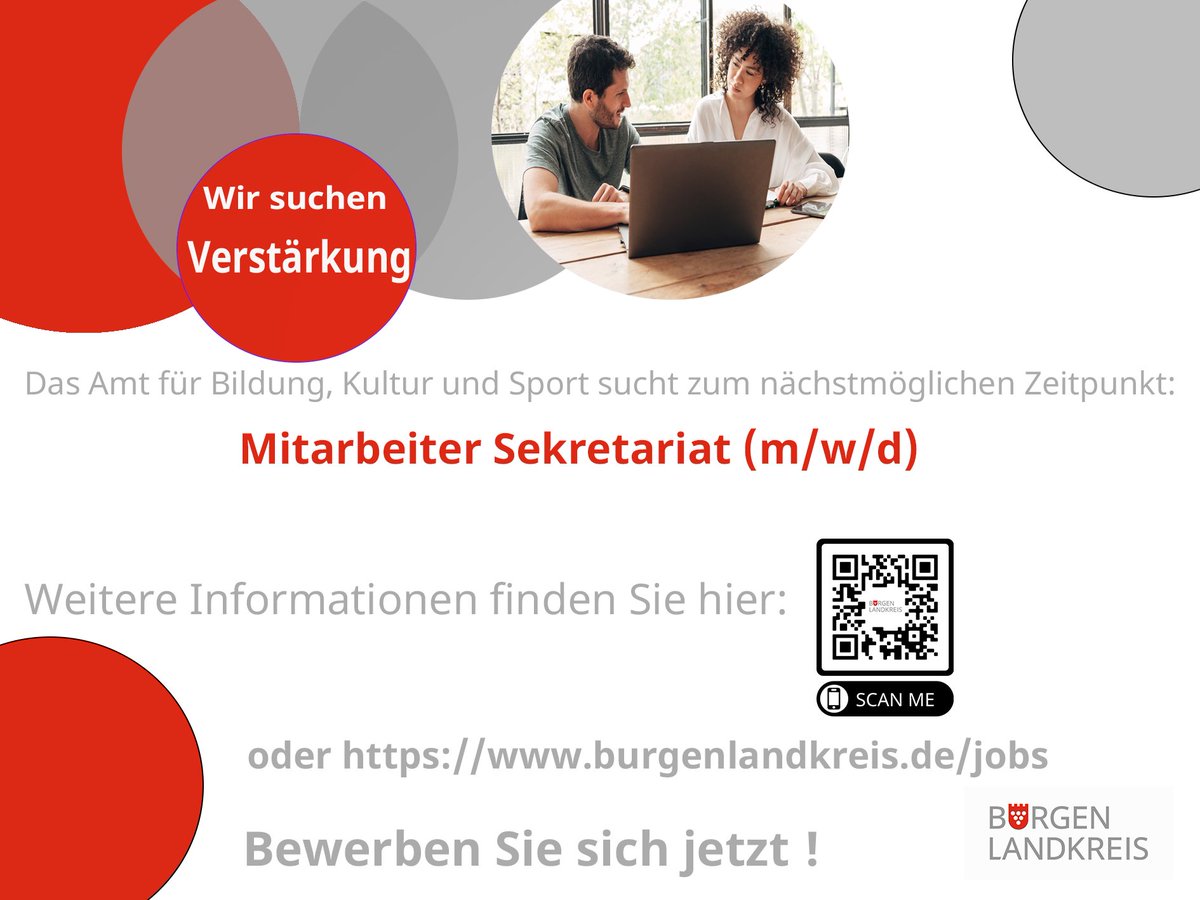 #jobtweet 📢 Werde Teil unseres Teams im Amt für Bildung, Kultur und Sport! 📚🖋️ Wir suchen Mitarbeiter (m/w/d) für Sekretariatsaufgaben. 🎨✨
Infos und Bewerbungslink unter: burgen.pi-asp.de/bewerber-web/?…
