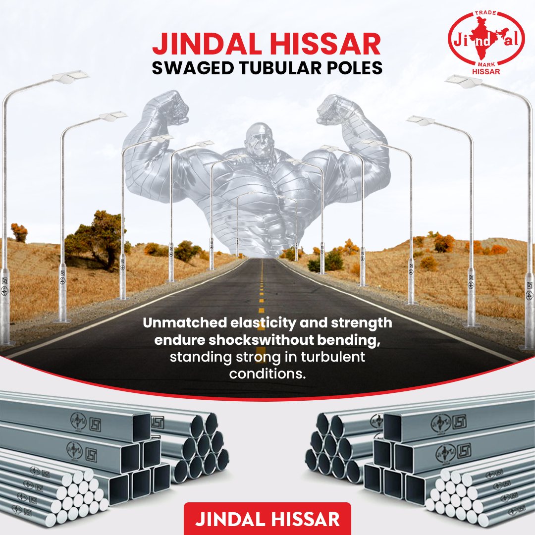 JindalLimited's tweet photo. Jindal-Hissar's Swaged Tubular Poles: Resilience redefined. Unyielding strength meets turbulent challenges head-on.

#JindalHissarPipes #jindalpipes #JindalHissar #jindalsteeltube #SteelPipe #steeltubes #GIPipes #hollowsection #BlackPipes #erwpipe #steeldistributorindia https://t.co/o5fbaEw1Pi