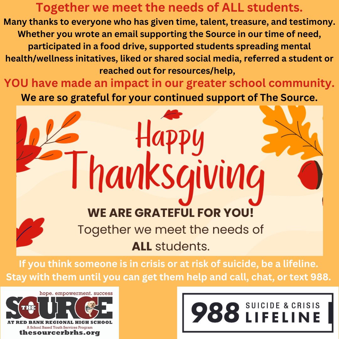 Happy Thanksgiving! We are so grateful to all of you! If you think someone is in crisis or at risk of suicide, be a lifeline. Stay with them until you can get them help and call, chat, or text 988. Learn other ways to help at samhsa.gov/suicide @rbrathletics @rbrhs