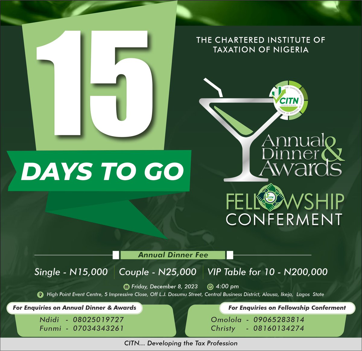 📍COUNT DOWN TO CITN ANNUAL DINNER/FELLOWSHIP CONFERMENT CEREMONY #taxation #citntax #citn #dinnerandawards