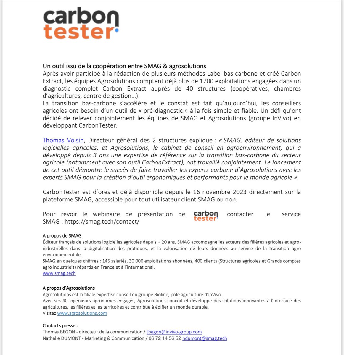 [Communiqué de presse] Diagnostic #carbone simplifié ➡  <a href="/SMAG_SmartAgri/">SMAG 🖥️📱🚜🌽🌾🐄🍇</a> &amp; <a href="/agrosolutions/">Agrosolutions 🔍 💧 🌾 🤝</a>  s’associent pour lancer #CarbonTester !
 [carbonTester est un outil qui permet de faire un diagnostic carbone « express » d’une exploitation agricole]
En savoir➕ ➡️ agrosolutions.com/smag-et-agroso…