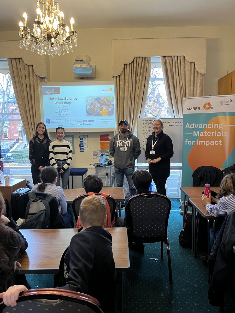 Delighted to se our wonderful PhD students <a href="/J_C_Palomeque/">Juan Carlos Palomeque</a>, <a href="/HadeelAbuShaqra/">HadeelAbuShaqrah</a> and Rena Mullally taking part in an <a href="/ambercentre/">AMBER</a> Science Week workshop in John Scottus Primary School! Thanks to <a href="/mairead_mh/">Dr. Mairead Holden</a> for making this possible!