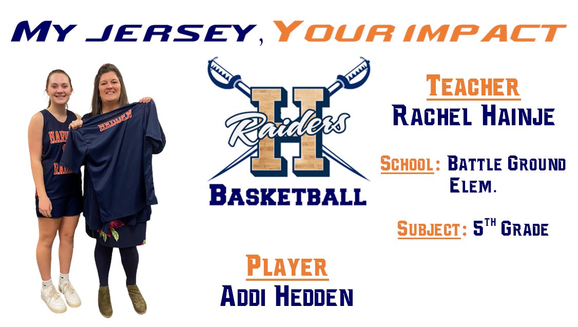 Freshman Addi Hedden selected Rachel Hainje (5th Grade teacher @ Battle Ground Elementary) to kick off Day #3 of our Mt Jersey, Your Impact announcements..  Rachel's daughter Anna also is a member of the Harrison GBB Program.
<a href="/BGE_Principal/">John Pearl</a>