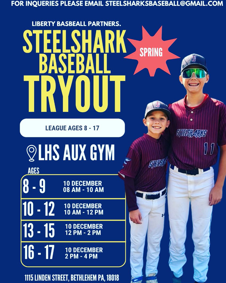 Steelsharks Baseball Tryouts for Spring/Summer 2024.🦈

ALL players (new and present) must pre-register thru this link:

forms.gle/FfLmFpTh9uYbwU…