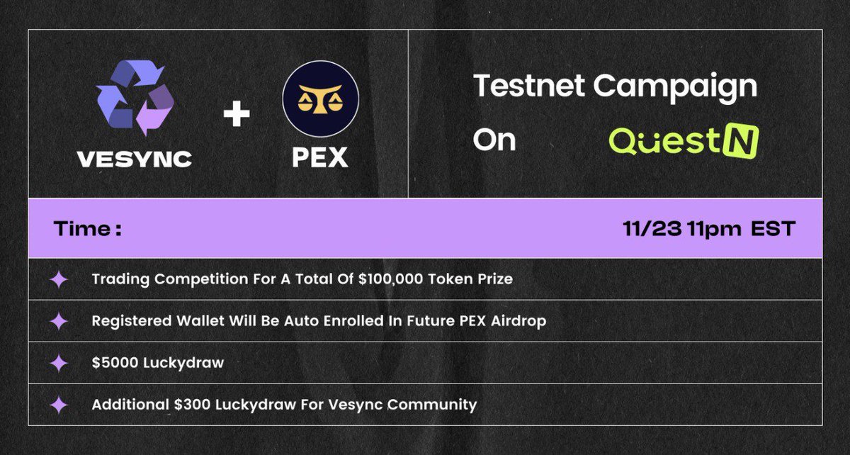 veSync | on zkSync Era (@vesyncl2) on Twitter photo 🎲 Sorry, thanksgiving food coma error...
🎉 We have an upcoming <a href="/pex_exchange/">PEX Exchange</a> Twitter Space AMA @ 11PM EST with an exclusive $300 lucky draw for our veSync community!
To be part of this lucky draw:
- Form: forms.gle/1nXYGEBXNpYRav…
- QuestN: app.questn.com/quest/83857184… 🎲 Sorry, thanksgiving food coma error...
🎉 We have an upcoming <a href="/pex_exchange/">PEX Exchange</a> Twitter Space AMA @ 11PM EST with an exclusive $300 lucky draw for our veSync community!
To be part of this lucky draw:
- Form: forms.gle/1nXYGEBXNpYRav…
- QuestN: app.questn.com/quest/83857184…
