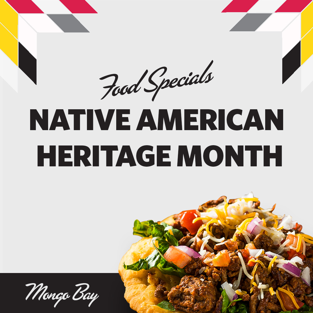 Celebrate #NativeAmericanHeritageMonth with a traditional fry bread taco for $11 or chicken wild rice soup for $4.50 from 10am-10pm November 24-26 at Mongo Bay Grill.