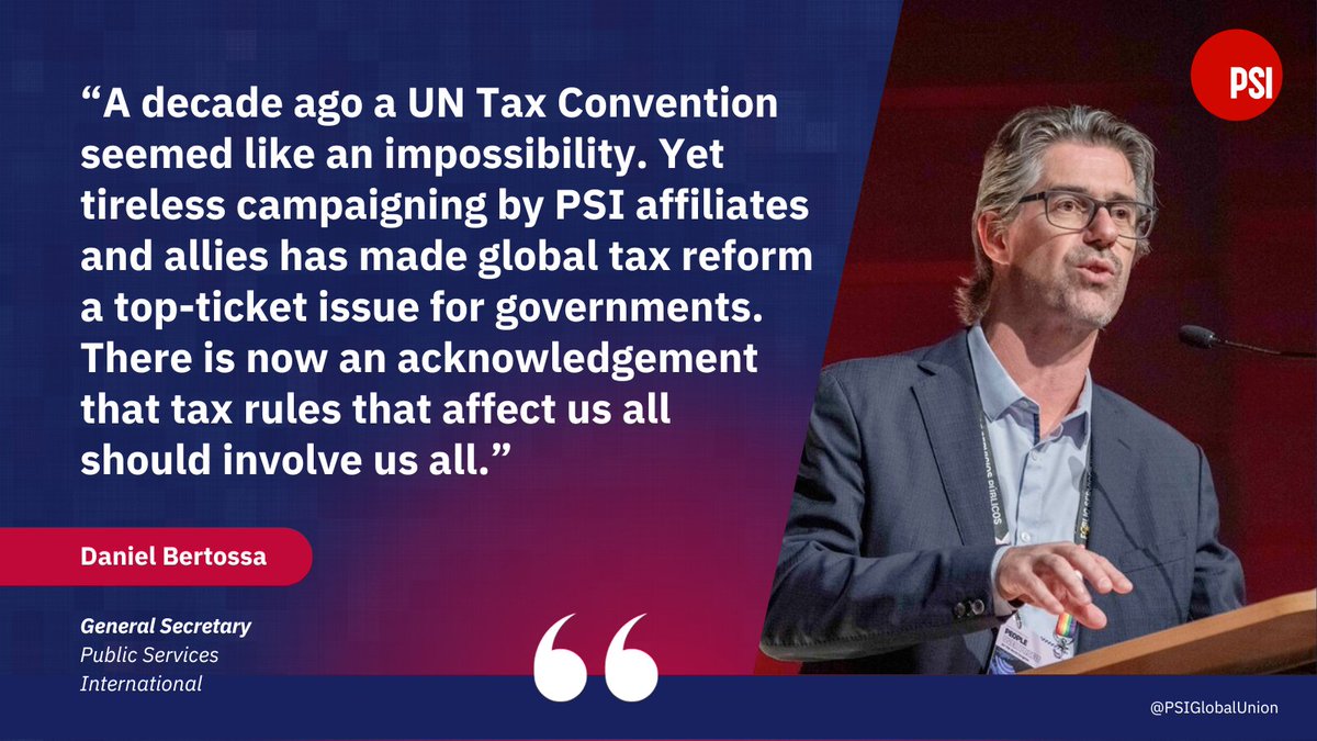 Public Services International @psiglobalunion.bsky (@psiglobalunion) on Twitter photo For the 1st time negotiations will be held at the <a href="/UN/">United Nations</a> on reforming global tax system.
Huge leap forward for #TaxJustice.
Now the real work starts.
Read our take here-> publicservices.international/resources/news… For the 1st time negotiations will be held at the <a href="/UN/">United Nations</a> on reforming global tax system.
Huge leap forward for #TaxJustice.
Now the real work starts.
Read our take here-> publicservices.international/resources/news…
