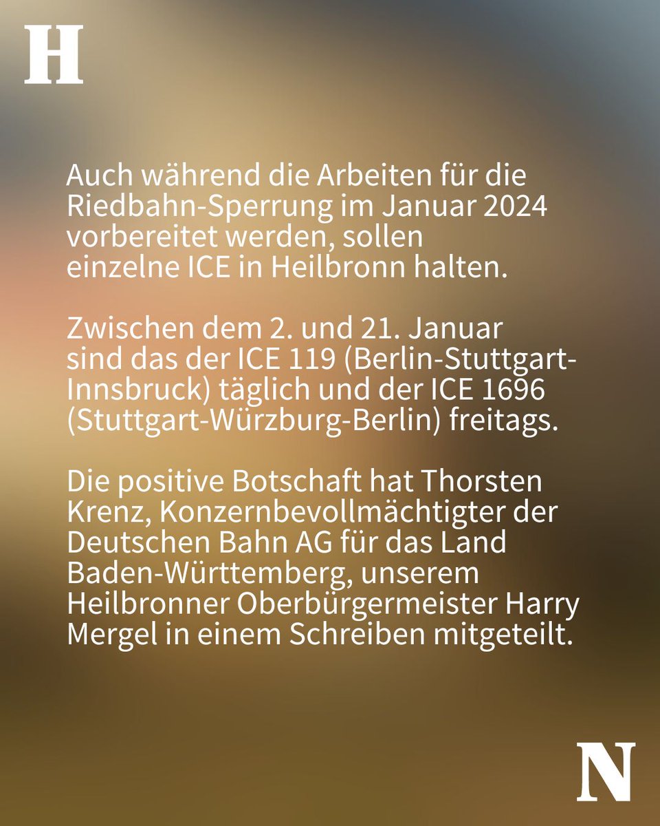 Gute Neuigkeiten für #Heilbronn: Von Juli bis Dezember 2024 halten #ICE-Züge mehrmals täglich, bieten direkte Verbindungen nach Berlin, Hamburg und Innsbruck. Dank Riedbahn-Strecken-Sanierung. Attraktive Fahrzeiten, positive Perspektive für die Region.  #Mobilität